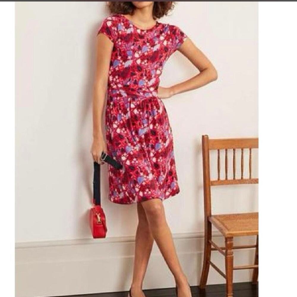 Boden Dress Womens 6R Red Bird Floral Fit & Flare Jersey Cap Sleeve Whimsy